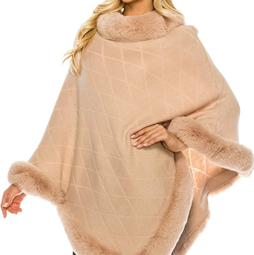 Blush Pink Elegant Poncho Cape with Faux Fur Trim